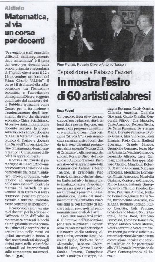Articolo Calabriaora -In mostra l'estro di 60 Artisti Calabresi- Catanzaro 2007 (Selezioni VII Biennale - Roma)