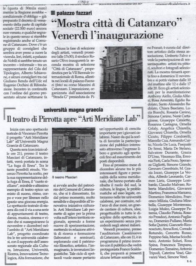 Articolo Calabriaora-Mostra citta di CZ venerd' l'inaugurazione - Catanzaro 2007 (Selezioni VII Biennale RM)