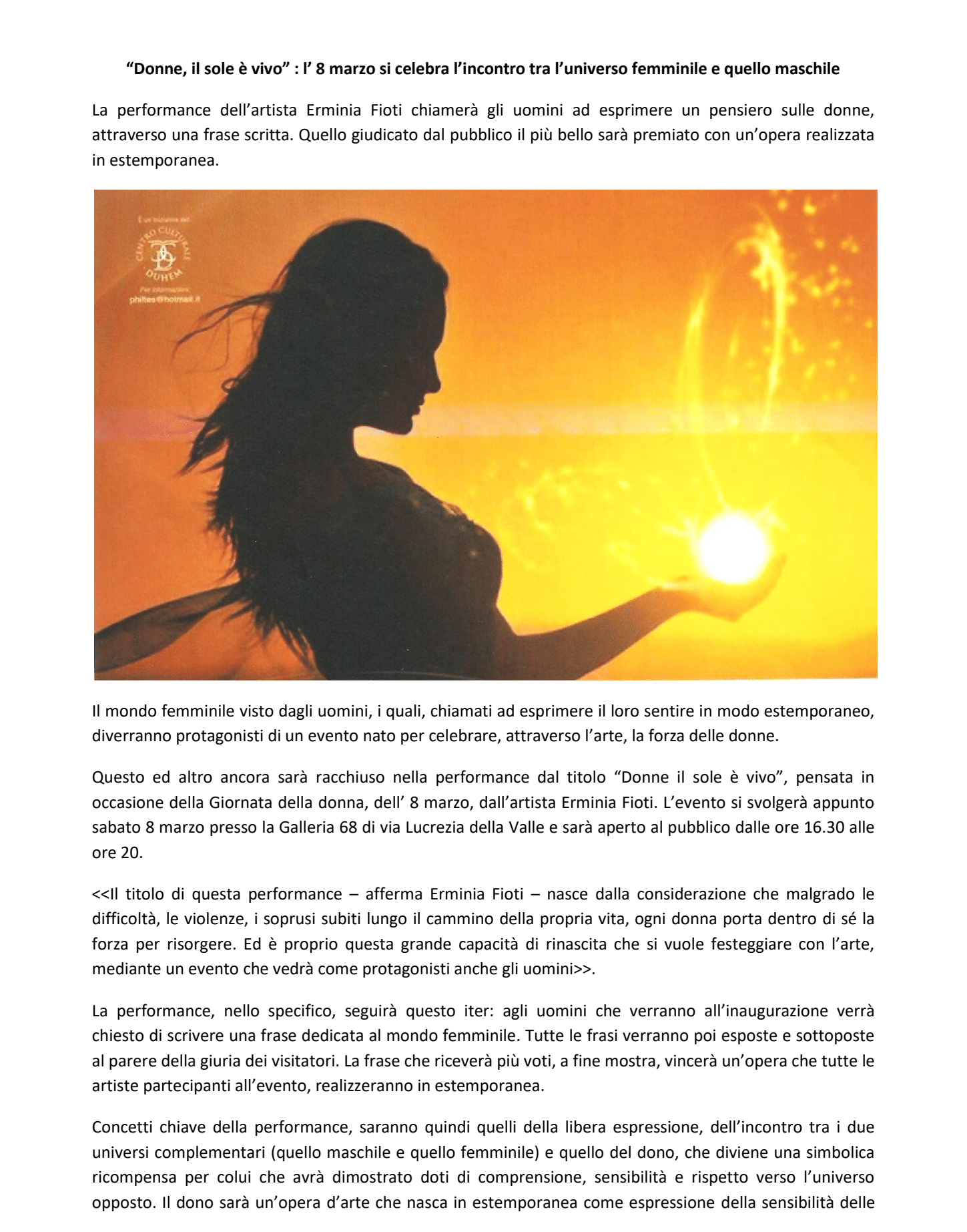 Articolo Catanzarolive.it - “Donne, il sole è vivo” l’ 8 marzo si celebra l’incontro tra l’universo femminile e quello maschile - Catanzaro 2014 (1)