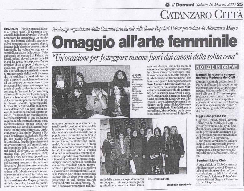 Articolo su il Domani - Vernisage- Donne in arte - Catanzaro - 2007