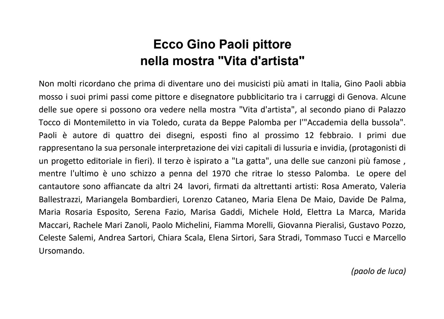 Articolo su Repubblica.it - Mostra Collettiva - Vita d'artista - Omaggio a Gino Paoli - Napoli 2013